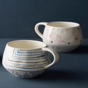 ANTHROPOLOGIE Oleanna blue gold MCM starburst geometric wide mug set soup tea
